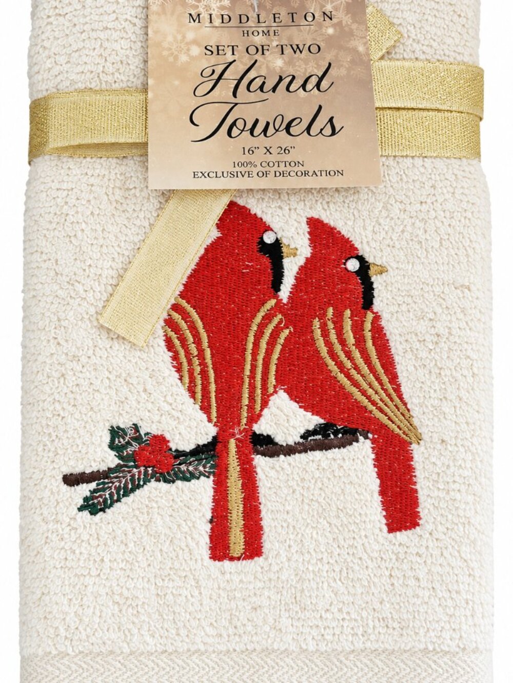 Christmas Cardinal Rhinestone Hand Towels Embroidered Embellished Ivory Set of 2